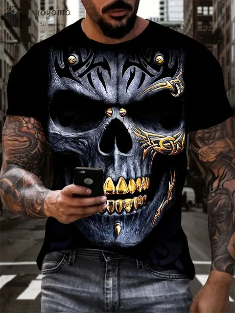 kf S19e429702bf14af4aaacd6c54345bb127 Men s Horror Skull Print T Shirt 3D Print Vintage O Neck Short Sleeve Fashion Oversized