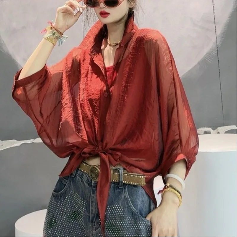 kf S1a76f90480ca42fc99cd26aa924e37d8z Women s Fashion Sunscreen Clothing 2024 Summer New Thin Blouses Loose Solid All match Polo Neck