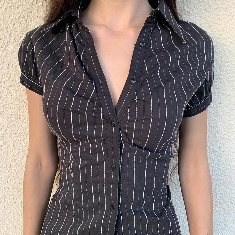 kf S1c2ef161c4a043e68d8466f89ae5e2b08 IAMHOTTY Chic Elegant Striped Blouse Women s Summer French Style Button up Turn down Collar Shirt