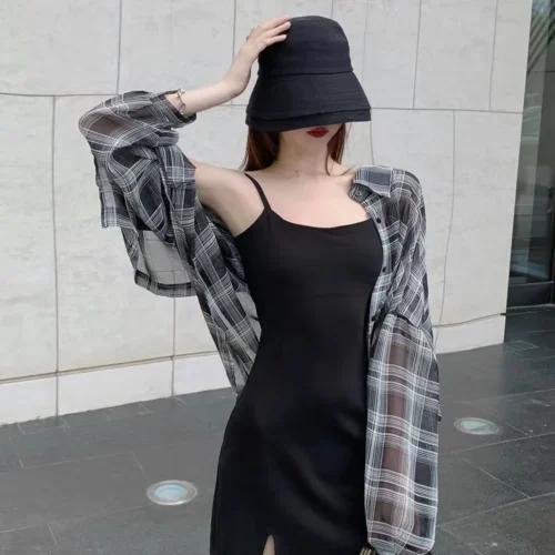 kf S1ed370a9d3c742068aa0499e5392c1b97 Blouses Women Plaid Chic Daily Outwear Loose Vacation Elegant Simple Long Sleeve Shirts Ladies Korean Summer