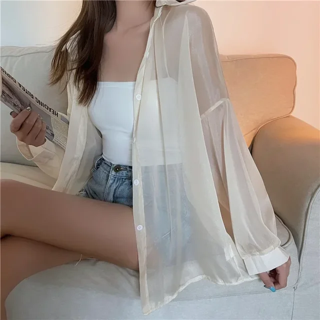 kf S1ee970d360c14b3ca906e6fefbf9cd5fm Fashion Women Holiday Beach Shirts See Through Chiffon Blouse New Summer Tops Sun Protection Clothes Long