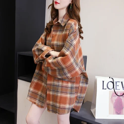 kf S1f3f9bcd7d6443cda02dc3f65b67a1b7q Plaid Shirt Women Autumn Long Sleeve Top Female Vintage Fashion Single Breasted Blouse Ladies Preppy Style