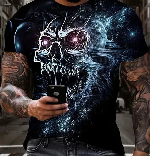 kf S201570830640477992a6102c85be9094f Men s Horror Skull Print T Shirt 3D Print Vintage O Neck Short Sleeve Fashion Oversized