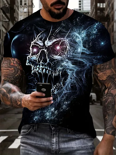 kf S201570830640477992a6102c85be9094f Men s Horror Skull Print T Shirt 3D Print Vintage O Neck Short Sleeve Fashion Oversized