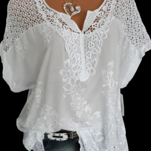 kf S2037c9bbe9cb42e8adaa6c3796fea232r Large Size Loose Short Sleeved Lace Women Blouses Cotton Blouses 2024 Summer V neck White Shirt