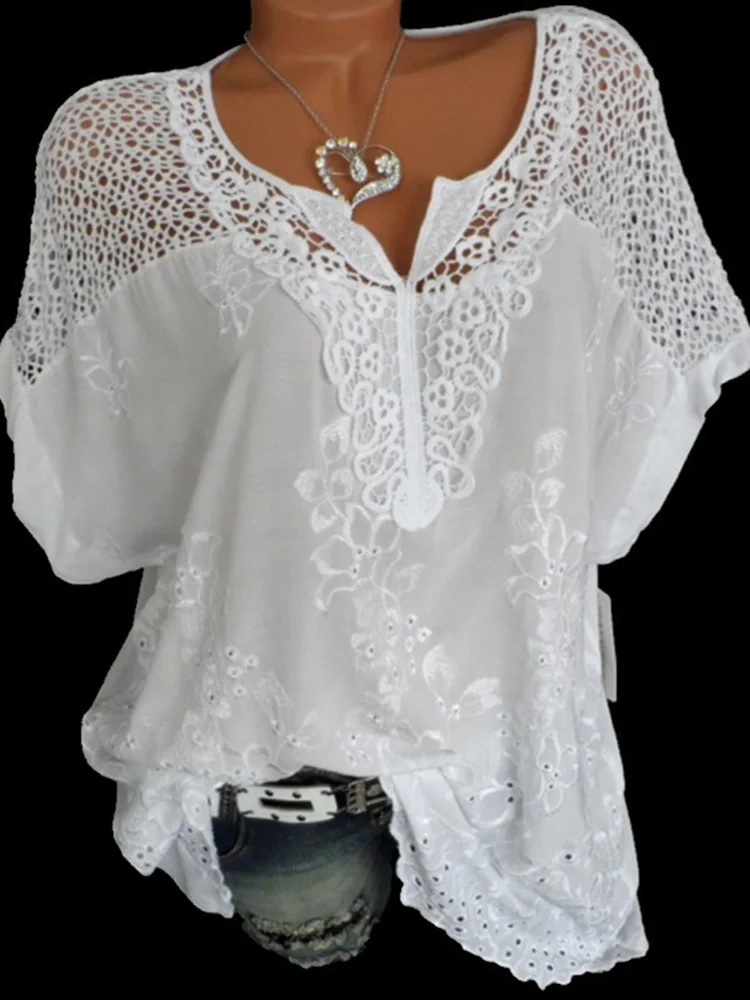 kf S2037c9bbe9cb42e8adaa6c3796fea232r Large Size Loose Short Sleeved Lace Women Blouses Cotton Blouses 2024 Summer V neck White Shirt