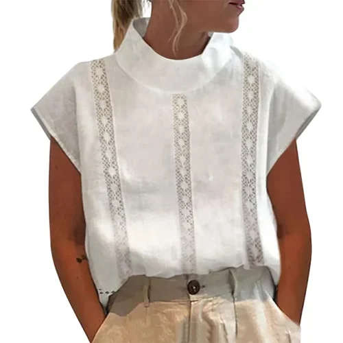 kf S20f2f4a4a85e4c168130078239d52be1Z Button up Women Blouse Solid Color Summer Hollow Out Pullover Lace Loose Short Sleeve Shirts camisas