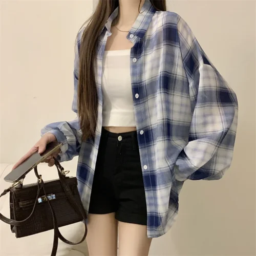 kf S2101d59dfcf94f9aa02658a4786b01a9q Oversized Long Sleeve Check Shirt Women Summer Lightweight Button Front Plaid Blouse Ladies Teengirl Preppy Daily