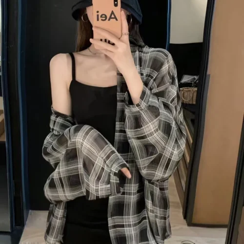 kf S2114f3371b9d4d70bd195d0845df6a65N Blouses Women Plaid Chic Daily Outwear Loose Vacation Elegant Simple Long Sleeve Shirts Ladies Korean Summer