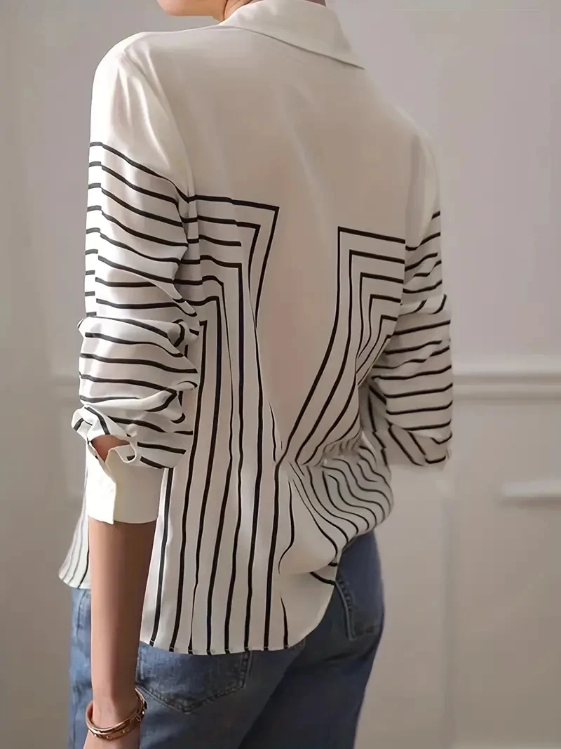 kf S23958c0d33f24044a3ed0f99561697d6w Women s Shirts Blouses Elegance Black and White Line Print Button Shirt 2024 Spring Summer Plus