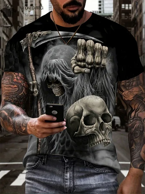kf S23cbef0c82374062ac07820f79a11144K Men s Horror Skull Print T Shirt 3D Print Vintage O Neck Short Sleeve Fashion Oversized