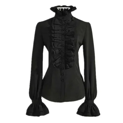 kf S244cfd23365b4af5b6c7feb8554ccdf7N New Vintage Victorian Ruched Lace Shirts And Blouses Gothic Lolita Long Sleeve Ruffles Solid Black White 1