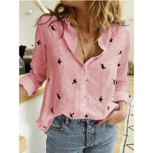 kf S248286f2073243a891460cac5c87bb43j Elegant Cotton Linen Shirts Women Casual Solid Button Lapel Blouses Shirts Autumn Winter Long Sleeve Loose