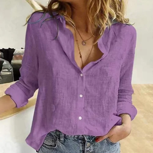 kf S248640f80e784717a28cc5759d6fa25aJ Elegant Cotton Linen Shirts Women Casual Solid Button Lapel Blouses Shirts Autumn Winter Long Sleeve Loose