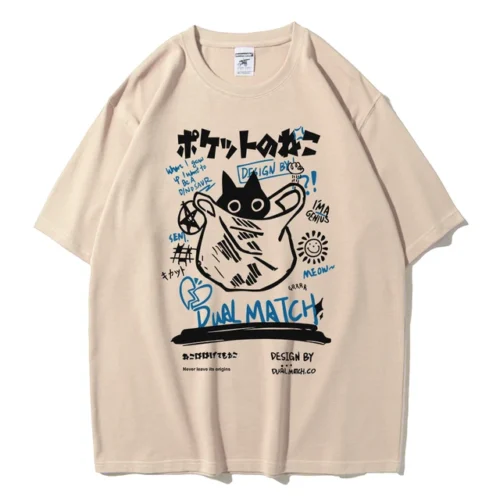 kf S25a909c9dc954f6cbaf424226aae1c6aY Men Women Cartoon T Shirts 2024 Summer Harajuku Kawaii Cat Printed Short Sleeve Tees Couple Streetwear