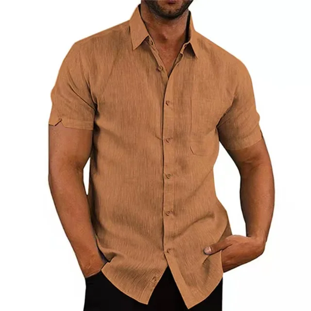 kf S25d80d2f8573425f9094c49275c00083Y Summer Cotton Linen Shirts For Men Casual Short Sleeved Shirts Blouses Solid Turn Down Collar Formal