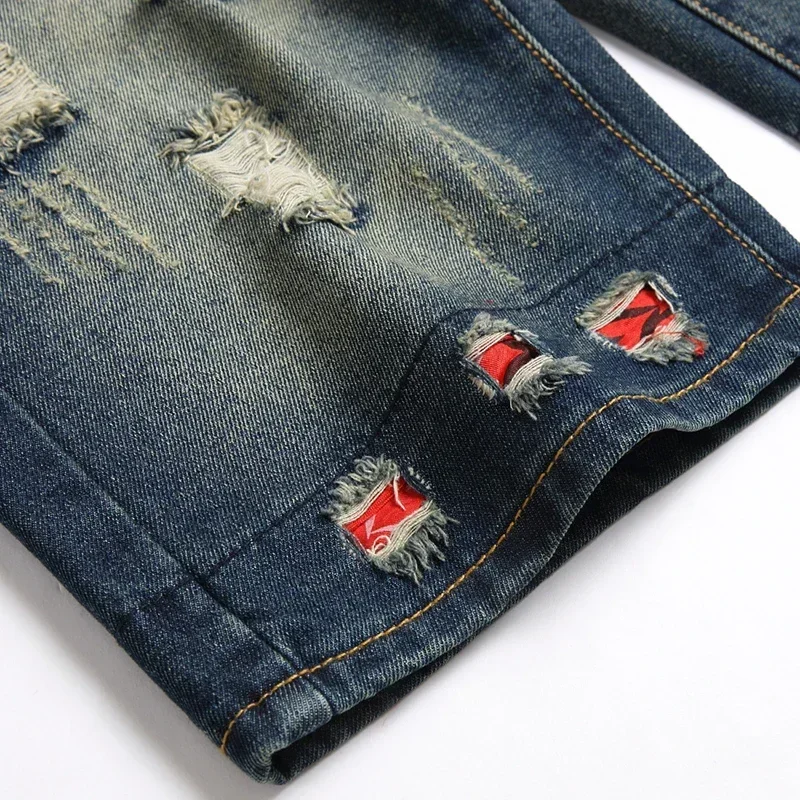 kf S26b2df45acc74d85baadd5a0e1511dc6e 2024 Summer Vintage Washed Men Denim Shorts Casual Fashion Street Wear Ripped Hole Patches Distressed Male