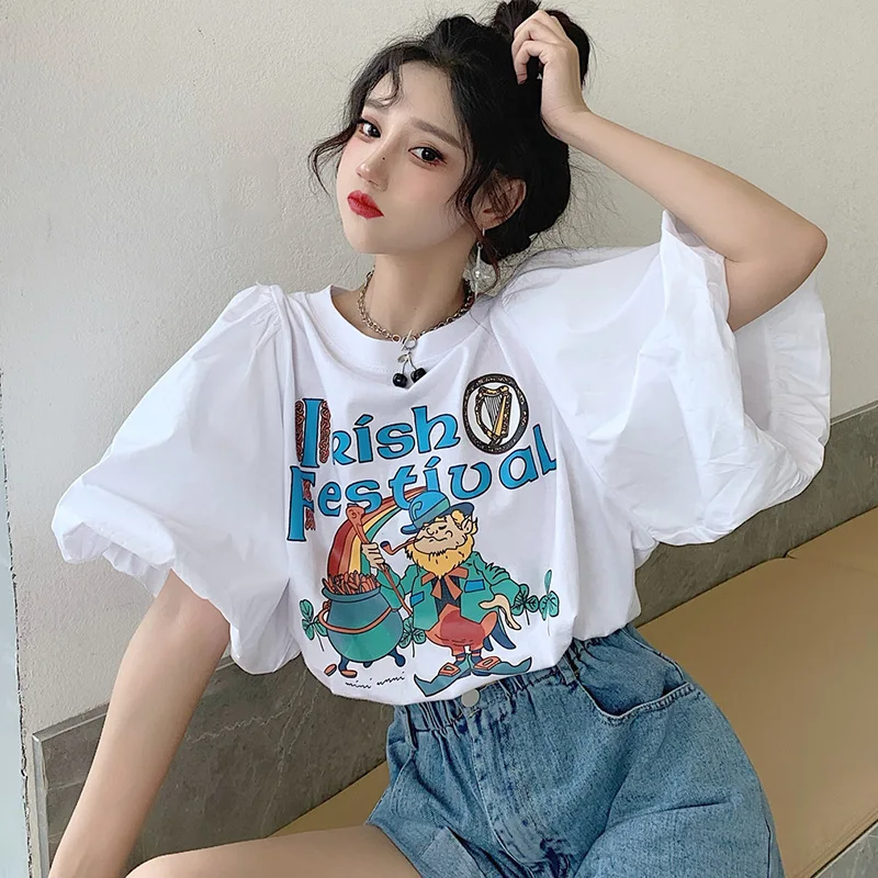 kf S27b1909504fa4d10905db69b4bcf06b8y Stylish O Neck Loose Printed Folds Puff Sleeve Blouse Female Clothing 2023 Summer New Casual Pullovers