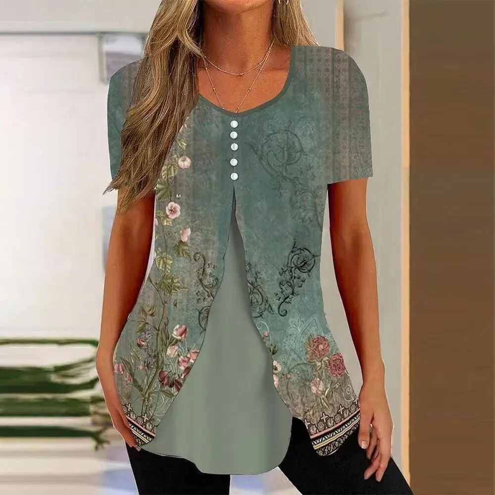 kf S283fb578e0894d73a736e2df16b4fa8fC Fashion Elegant Woman Shirt Casual Loose Blouse Short Sleeve Shirt Woman Top Holiday