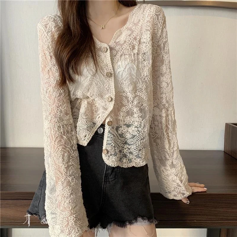 kf S28ccca6340ed4ba4956c8744913e7b4fx MEXZT Vintage Lace Blouse Women Sheer Long Sleeve Sunscreen Shirt Cardigan Vacation Korean Elegant Casual Sun