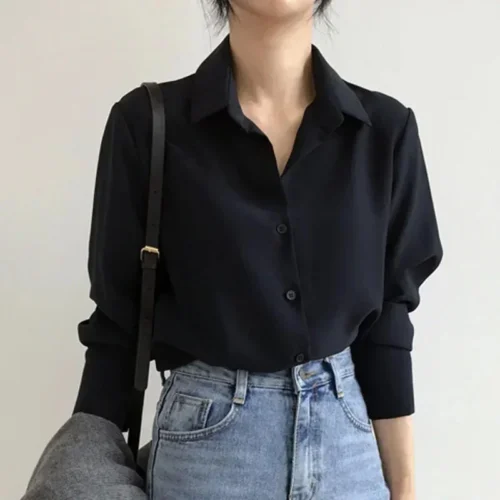 kf S29c090589a684d74b7b4a84205af41828 Black Korean New Spring Fashion Women Tops Blouse White Blouse Bottom Shirt Chiffon Shirt Office Lady