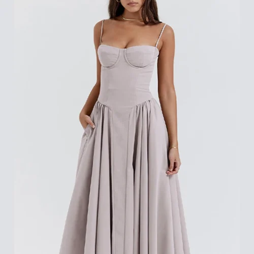 kf S2a7eed2707644837a3dc24641c63208bQ Elegant Women Solid Sling Long Pleated Dress Chic Sleeveless Backless A line Dresses 2024 Summer Party