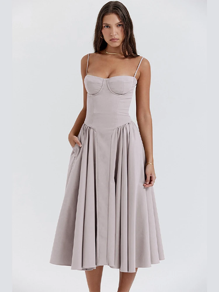 kf S2a7eed2707644837a3dc24641c63208bQ Elegant Women Solid Sling Long Pleated Dress Chic Sleeveless Backless A line Dresses 2024 Summer Party