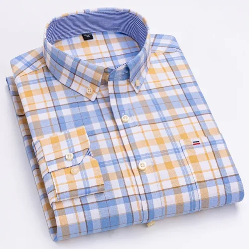 kf S2a7eff94854f4517951e026b47779165O Men s 100 Cotton Shirt Long Sleeve Plaid Oxford Casual Solid Color Print Regular Fit Formal