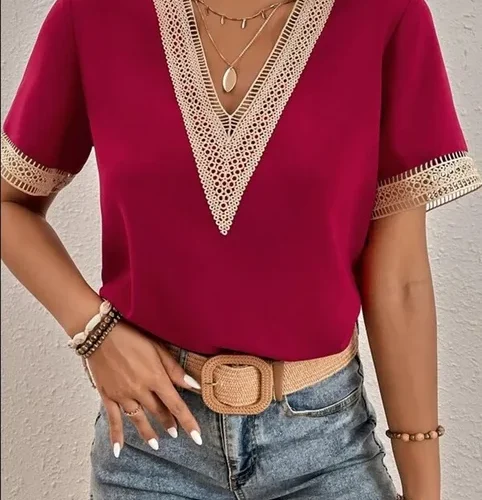 kf S2ac2a4adf2a64b289b21d2ec77ee58bdb Elegant Blouse Fashion Short Sleeve Tops 2023 Summer V neck Quilted Female Lace Shirt Commuter Office