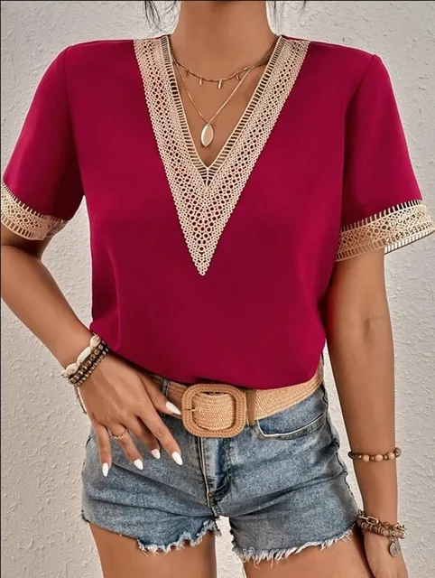 kf S2ac2a4adf2a64b289b21d2ec77ee58bdb Elegant Blouse Fashion Short Sleeve Tops 2023 Summer V neck Quilted Female Lace Shirt Commuter Office