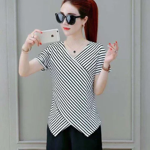 kf S2c28561294524adf85284b6adaab0226r Fashion V Neck Short Sleeve Striped Irregular Blouses Women s Clothing 2024 Summer New Loose Casual