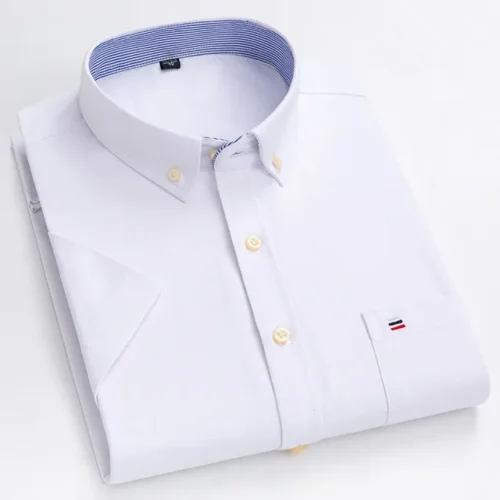 kf S2cbfb87222854ba4bd2662aef77db7cbr New High Quality Cotton Shirts for Men Short Sleeve Summer Plaid Striped Male Business Casual White