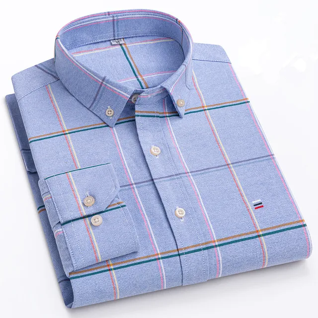 kf S2cc09e1f65c24d8b81c89548535e301eO Men s 100 Cotton Shirt Long Sleeve Plaid Oxford Casual Solid Color Print Regular Fit Formal