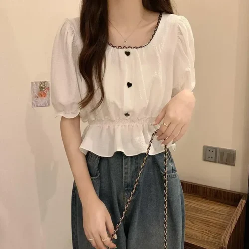 kf S2d852352d51d4625b35e7751e9fbe2a82 Xpqbb Summer Puff Sleeve Chiffon Shirt Women Sweet Cute Ruffles Waist Tight Crop Tops Female Casual