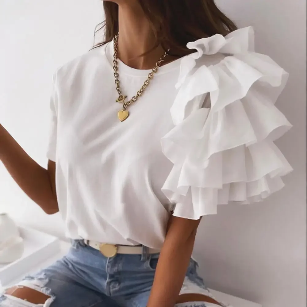 kf S2dc822efb97944b38d67f0a2024da812n Fashion blouse women elegant white Solid Color Layered Ruffle Short Sleeve Asymmetric Loose T shirt Top