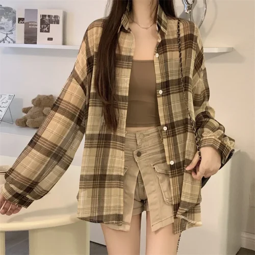 kf S2ec662b7cac54cdda90a3730264e65b5R Oversized Long Sleeve Check Shirt Women Summer Lightweight Button Front Plaid Blouse Ladies Teengirl Preppy Daily