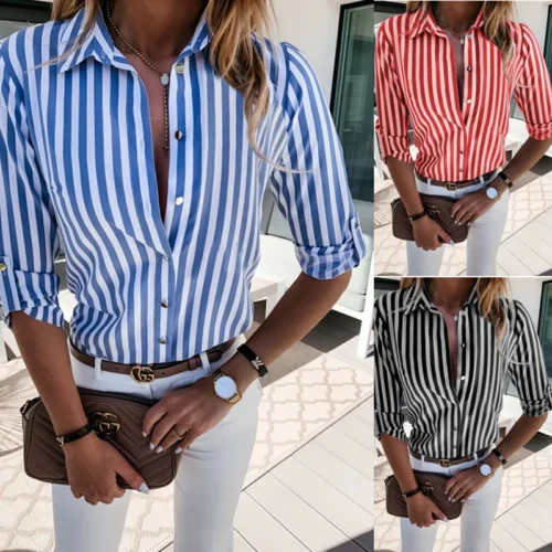 kf S30835ba410f3494dbccd8219cae84cddM Casual Striped Shirts for Women 2024 Autumn Vintage Women s Shirts and Blouses Fashion Elegant Youth