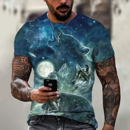 kf S32521c3735344014b41ef3aa21792fffL 3D T Shirt For Men Vintage O neck Short Sleeve Tops Girls Wolf Print Harajuku Men