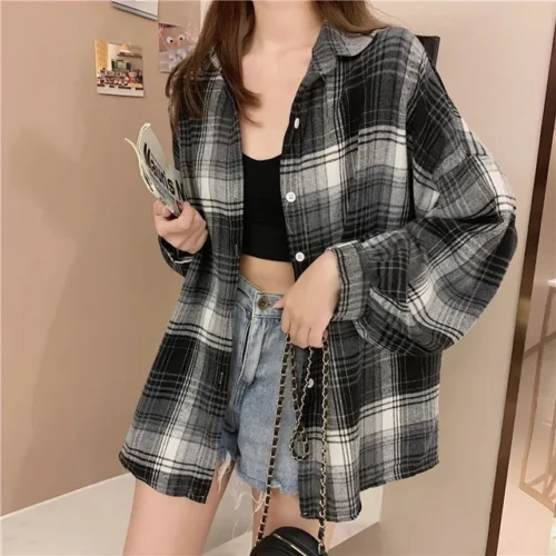 kf S343d631dffe84a47ad1dd7c290bc4207U Plaid Shirt Women Autumn Long Sleeve Top Female Vintage Fashion Single Breasted Blouse Ladies Preppy Style