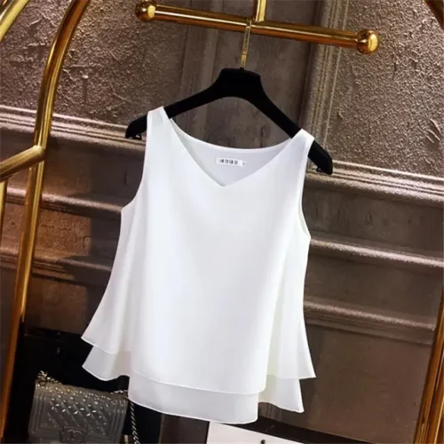 kf S3521dabd0831426192910bfdd3ef67b5a 2024 Fashion Brand Women s Blouse Tops Summer Sleeveless Chiffon Shirt Solid V neck Casual Blouse