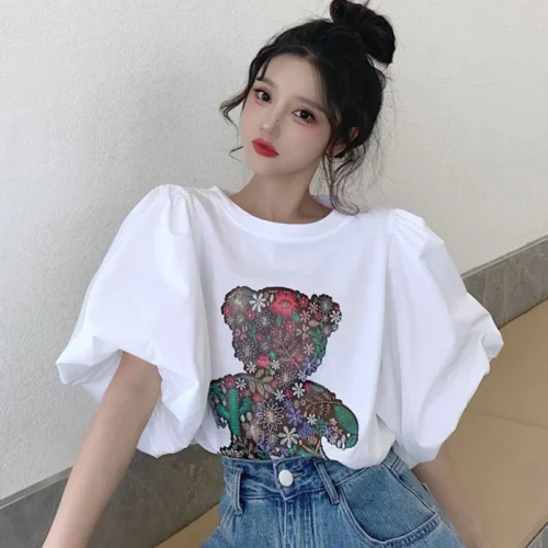 kf S387c747de600419d941473bbdb48210e4 Stylish O Neck Loose Printed Folds Puff Sleeve Blouse Female Clothing 2023 Summer New Casual Pullovers