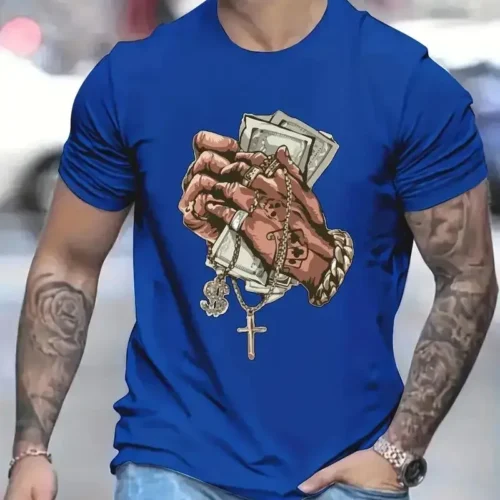 kf S38f72d0bf9b147e885730c7c88187550r Hands Money Print Men s T shirt Round Neck Short Sleeve Tops Patterned T shirt Men