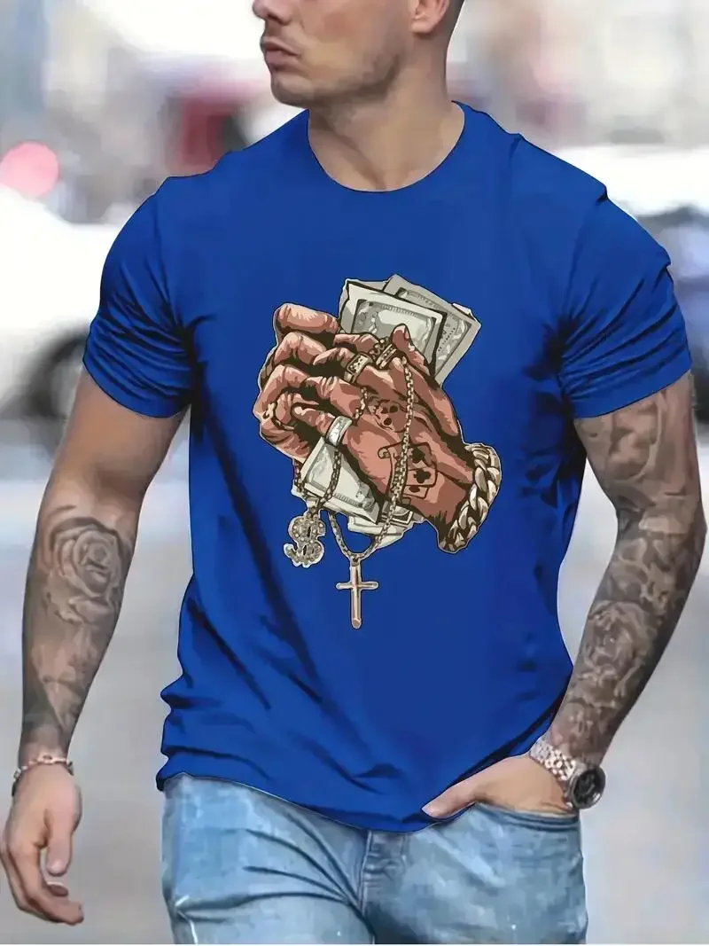 kf S38f72d0bf9b147e885730c7c88187550r Hands Money Print Men s T shirt Round Neck Short Sleeve Tops Patterned T shirt Men