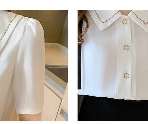 kf S39402626191d4055a1481be2115e5780K Blusas Blouses Femme Tops Women Turn Down Collar Blouse Women 2024Summer White Blouse Short Sleeve Chiffon