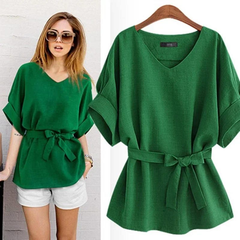 kf S39495355a8ac44e590a691199add00caZ Women s T shirt V Neck Green Blouses Tops Women 2024 Casual Cotton Linen Solid Short