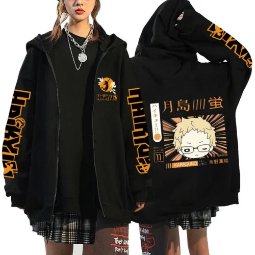 kf S3951e379c5ca4e3e8f3a1c7994c2319bN Women Men Anime Hoodie Haikyuu Zip Up Jacket Karasuno High School Plus Size Sweatshirt Harajuku Unisex