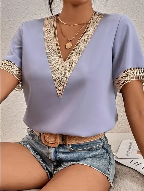 kf S396970cf6d3148fab0fd03bbde7262a0U Elegant Blouse Fashion Short Sleeve Tops 2023 Summer V neck Quilted Female Lace Shirt Commuter Office