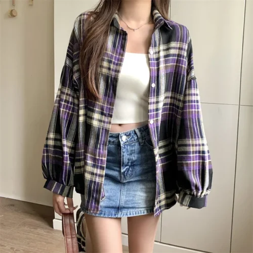 kf S3a4c06f0b97f40aca20cd7505af218655 Plaid Shirt Women Autumn Long Sleeve Top Female Vintage Fashion Single Breasted Blouse Ladies Preppy Style