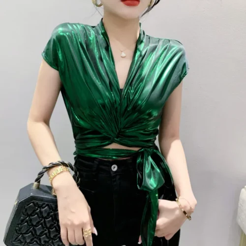 kf S3c314353c081493e8c120eac108b73493 Street wear Gold Silver Green Shinny Short Sleeve Blouse Women Sexy Irregular Short Wrap Shirt Female