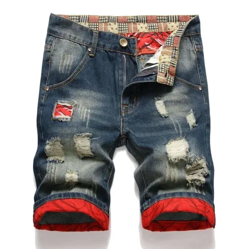 kf S3d2c017cdcc64a339f5735a365e87d2bd 2024 Summer Vintage Washed Men Denim Shorts Casual Fashion Street Wear Ripped Hole Patches Distressed Male